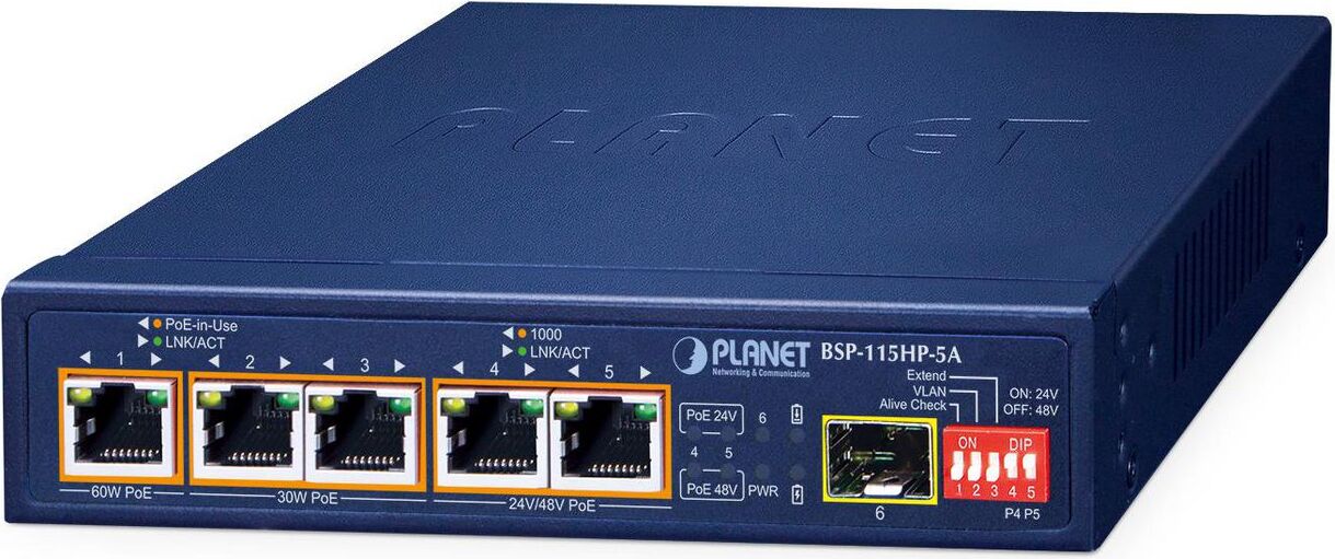 PLANET BSP-115HP-5A, Unmanaged, Gigabit Ethernet (10/100/1000), Power over Ethernet (PoE), Wandmontage