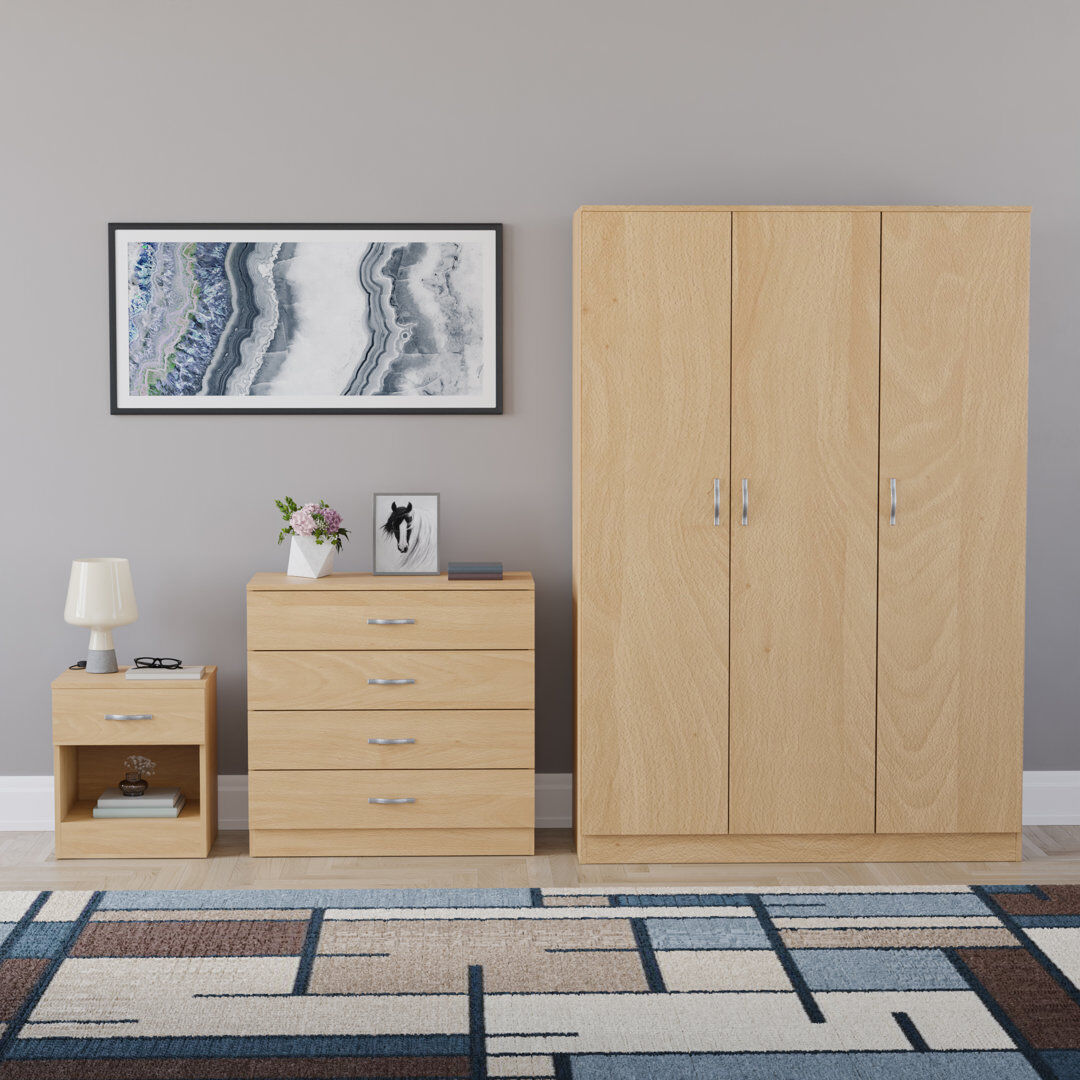 17 Stories Maybery 3 Piece Bedroom Set (1 Drawer Bedside Chest, 4 Drawer Chest, 3 Door Wardrobe), (5) Pine