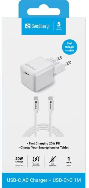 Sandberg Usb-C 20w Oplader Eu+usb-C, Hvid