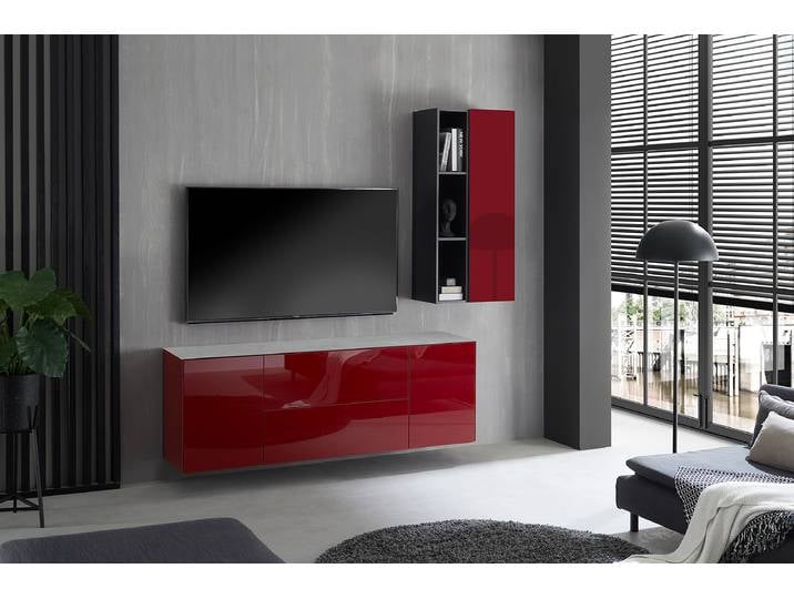 TV-Lowboard Wende-Deckplatte Typ A Deckplatte: Spanplatte, foliert Front & Korpus: Glas, lackiert Rot/Dunkelrot 181 x 63 x 42cm