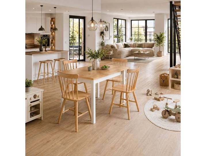 5-teilige Essgruppe im Landhausstil – Esstisch Buche Natur & Weiß mit 4 Windsor-Stühlen