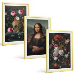 BILDER SET 3er Set - 40x60 cm Goldrahmen - Blumenschädel-Porträt Mona Lisa
