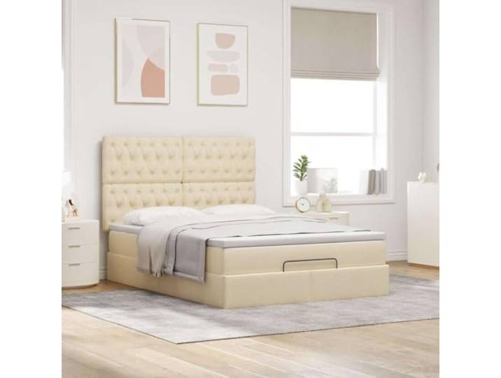 KTHLBRH Boxspringbett 140 x 190 cm mit Federkernmatratze Hydraulisches Heben, cremefarbener Stoff, inklusive Lattenrost, 280 kg Tragkraft