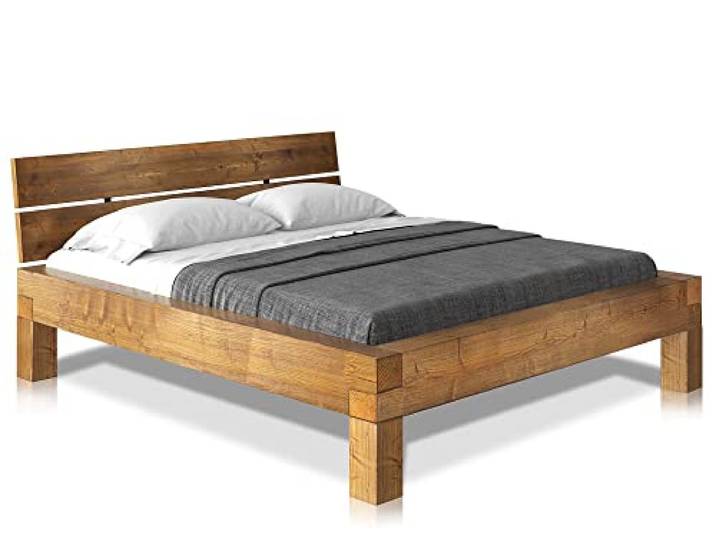 CURBY 4-Fuß-Balkenbett mit Kopfteil, Material Massivholz, Thermo-Fichte