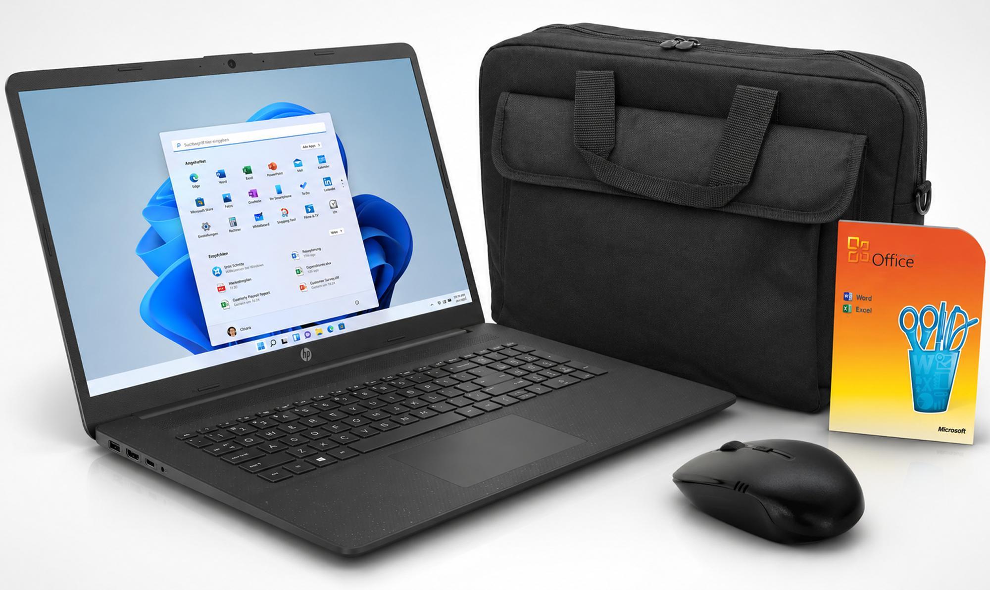 HP Laptop 17,3 Zoll N4500, 8 GB RAM, 256 GB SSD, Office Starter, Tasche und Maus