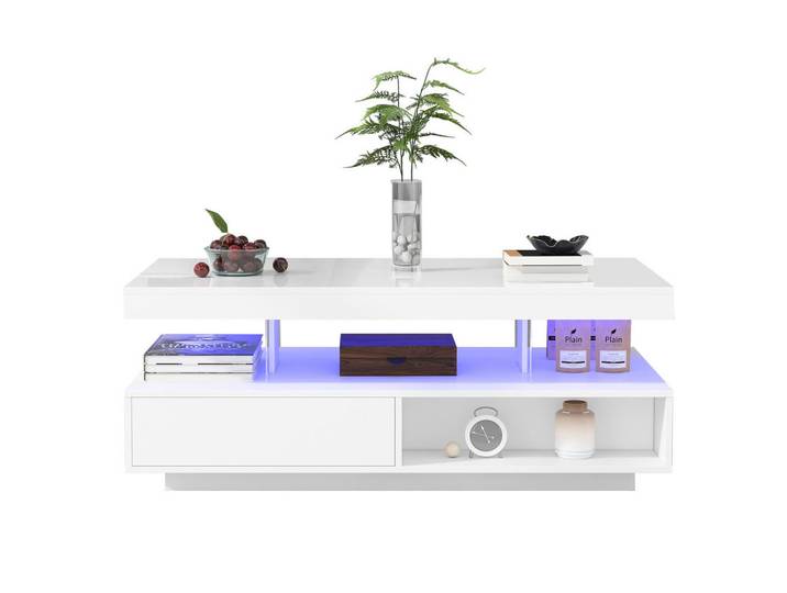 Flieks Couchtisch 95x50cm Weiß Hochglanz 4 Glasplatten 2 Schubladen 2 Fächer, Holz, 59x17.5x103.99 cm, Wohnzimmer, Wohnzimmertische, Couchtische