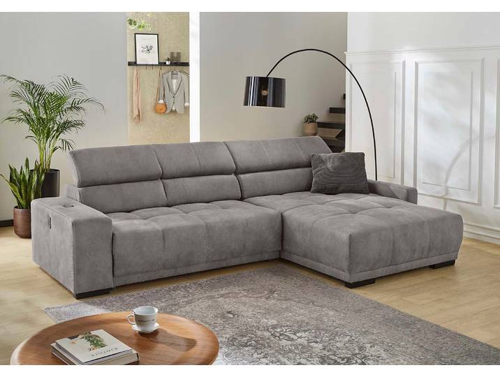 Ecksofa JOCKENHÖFER GRUPPE Le Mans L-Form, B: 320 cm, mit 30 cm elektr. Sitztiefenverstellung , grau, B:320cm T:110cm, Korpus: 100% Polyester;Kissen: 100% Polyester, Sofas, Ecksofa, Kopfteilverstellung, induktive Ladestation, USB-Anschluss & Zierkissen