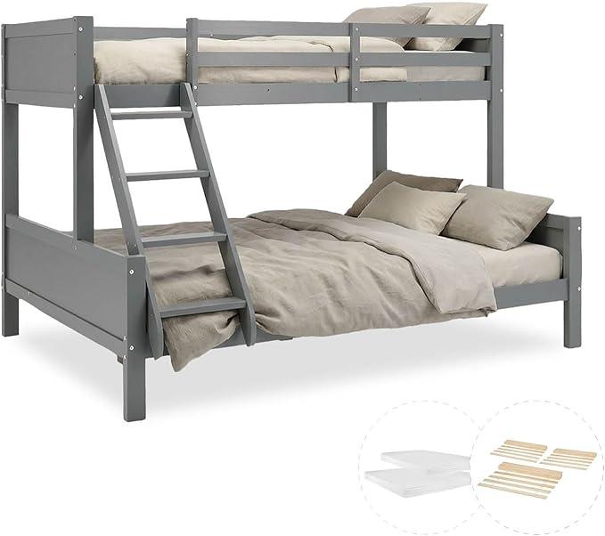 Kinderbett Etagenbett 90x200 und 140x200 mit 2 Matratzen Hochbett Grau Holz Doppelstockbett | Artikel 2725