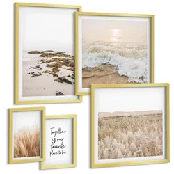 BILDER SET 5er Set - 50x50 cm & 20x30 cm & 40x60 cm Goldrahmen - Wiesen, Strand, Boho-Stil