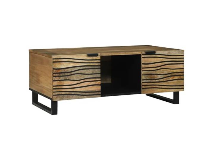 HEFZGDB Massiver Mangoholz Couchtisch 100x54x40 cm mit Stauraum Fächern und modernem Wellenmuster Design, mattschwarzer Metallrahmen für Wohnzimmer