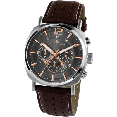 Chronograph JACQUES LEMANS "Lugano", braun (braun, grau, grau), Armbanduhren, Herren, silberfarben, Chronograph, Quarzuhr, Armbanduhr, Herrenuhr, Datum, Stoppfunktion, Lederarmband