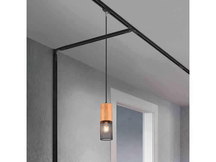 Trio Lighting Schienenleuchte Tosh für DUOline, schwarz, Holzdetail, E27 Tosh, dimmbar, Holz hell, für Wohn- / Esszimmer, Metall, Modern, Schienensysteme