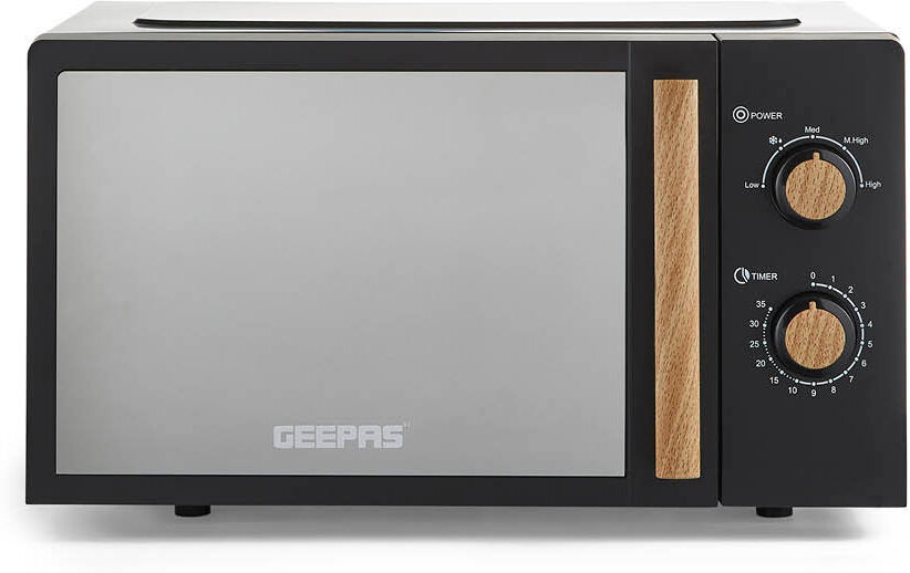 GEEPAS NordiQ 20L Microwave Oven 700W   Compact Solo Microwave with 5 Power Levels 35-Minute Timer Turntable Glass Tray   Stylish Mirrored Glass Door Black 26.3cm H X 35.3cm W X 45.6cm D