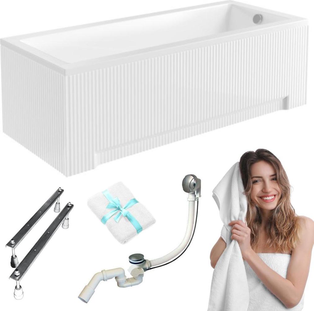 Aqua For You | Besco Moderne Badewanne - 180x80cm - Antibakterielle Beschichtung - Automatischer Siphon - Kratzfest - mit geriffelter Verkleidung