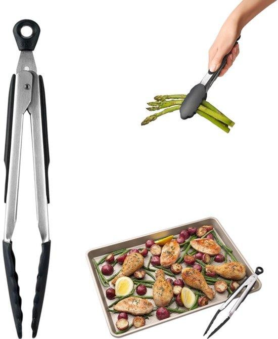 Zwarte siliconen grilltang van roestvrij staal, 21 cm, hittebestendig en vaatwasserbestendig
