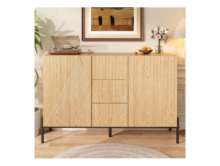 Simurq Sideboard Kommode mit 6 Schubladen,Wohnzimmerschrank Esszimmerschrank Holzoptik (Sideboard mit großer Ablagefläche und viel Stauraum), Kommode mit dekorativer 3D-Front,Natur