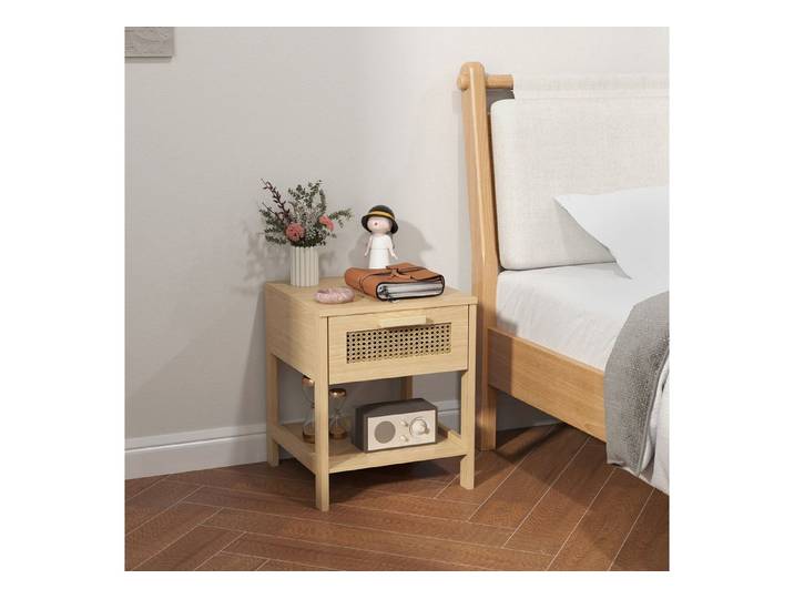 OKWISH Nachttisch 40x40x48,4cm in Natur mit Rattan-Design (Packung, 1-St., Kommode mit Schublade & offener Ablage), Beistelltisch für Schlafzimmer & Wohnzimmer, natürlicher Look