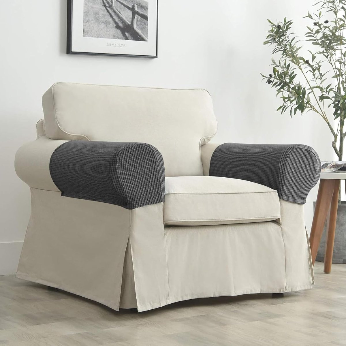 Set van 4 elastische antislip armleuninghoezen voor stoelen en meubels, donkergrijs