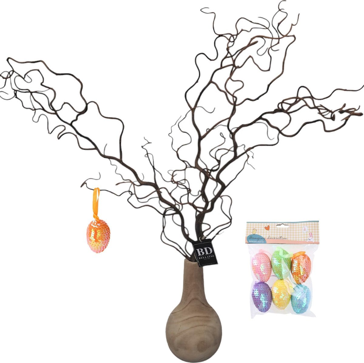 Bellatio Design Kronkelhazelaar kunst paastak met paaseieren en pailletten - 87 cm