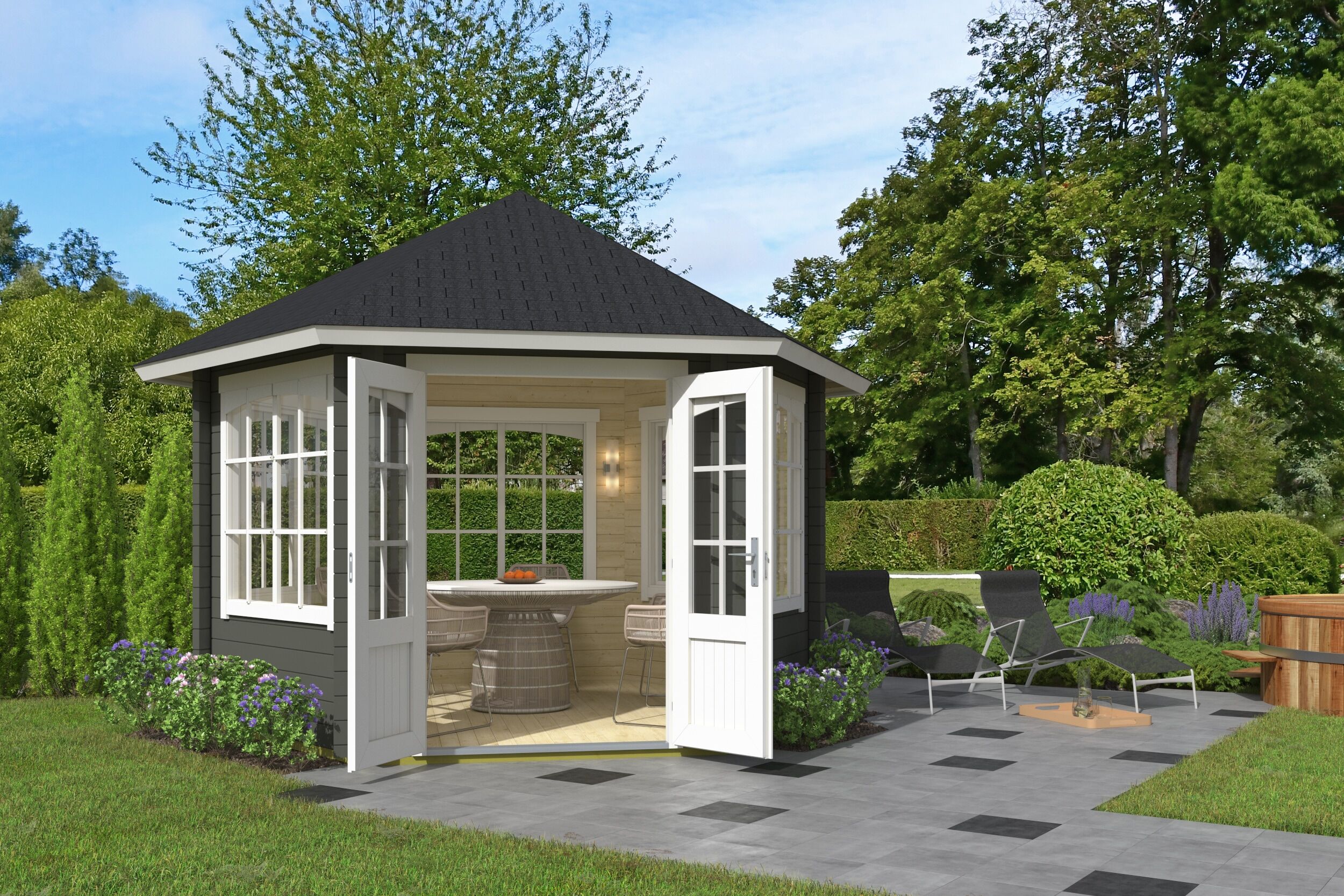 Gartenhaus NORDIC HOLZ "Pavillon ILMENAU", grün (grüngrau), Fußboden im Gartenhaus, ohne Dacheindeckung, Massivholz, Gartenhäuser, Gartenhaus