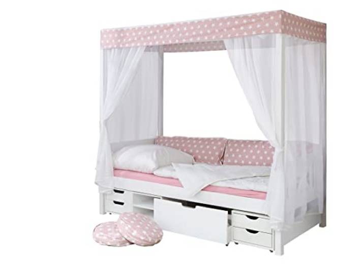 TiCAA Kinderbett Himmelbett mit Schubkasten 90x200 cm, für Jungen & Mädchen, inkl. Vorhangstoff, Montessori Bett weiß aus Kiefer Massivholz