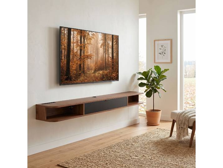 HOMCOM Meuble TV Suspendu Noyer 180cm 2 Étagères Tiroir 75