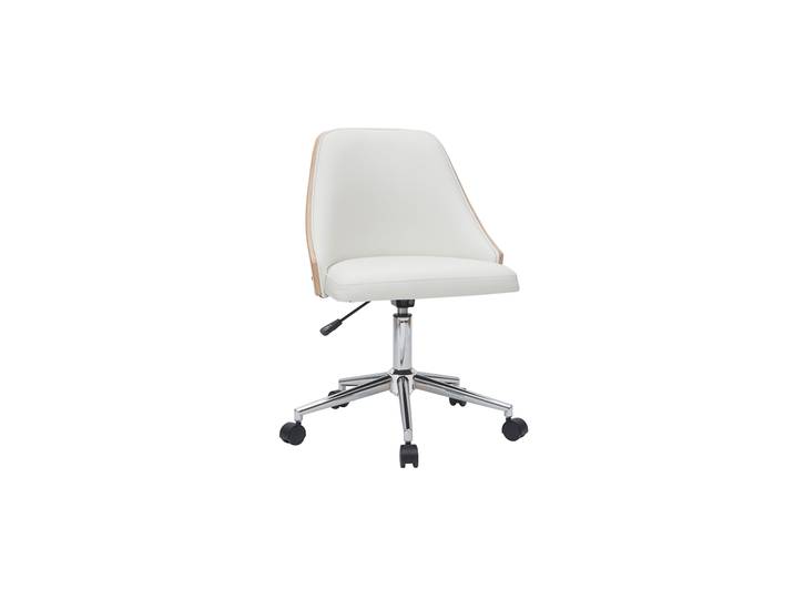 Chaise de bureau à roulettes design blanc, bois clair et acier chromé QUINO