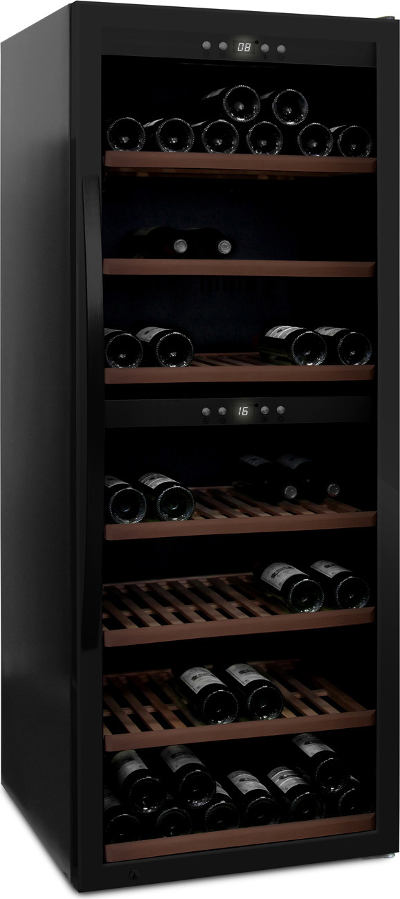 mQuvée Freistehender Weinkühlschrank - WineExpert 126 Fullglass Black | 2 Temperaturzonen | Abschließbar | Buchenholzregale auf Schienen | UV-Glastür