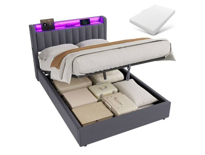 Lit coffre ULEVR avec rangement hydraulique LED et USB sans Matelas Gris 140x200 cm