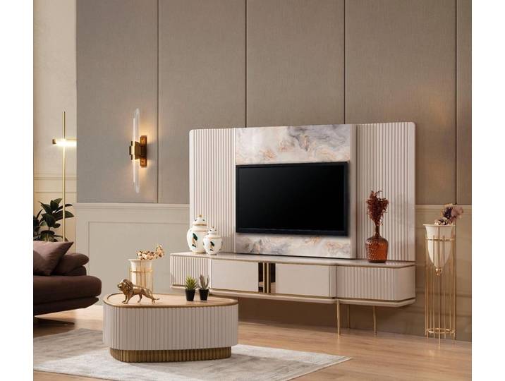 Xlmoebel TV-Board Weißes Lowboard mit Edelstahlrahmen für elegantes Wohnen (Lowboard, 1 St., Lowboard mit TV Rahmen), Hergestellt in Europa
