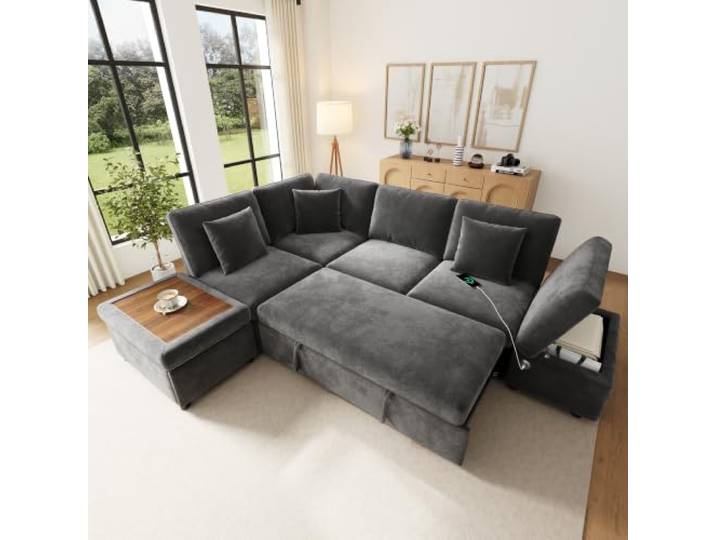 BTM Ecksofa L-Form mit Schlaffunktion, Ladestation & Stauraum Ottomane/Beistelltisch, Wohnzimmer Schlafsofa Grau