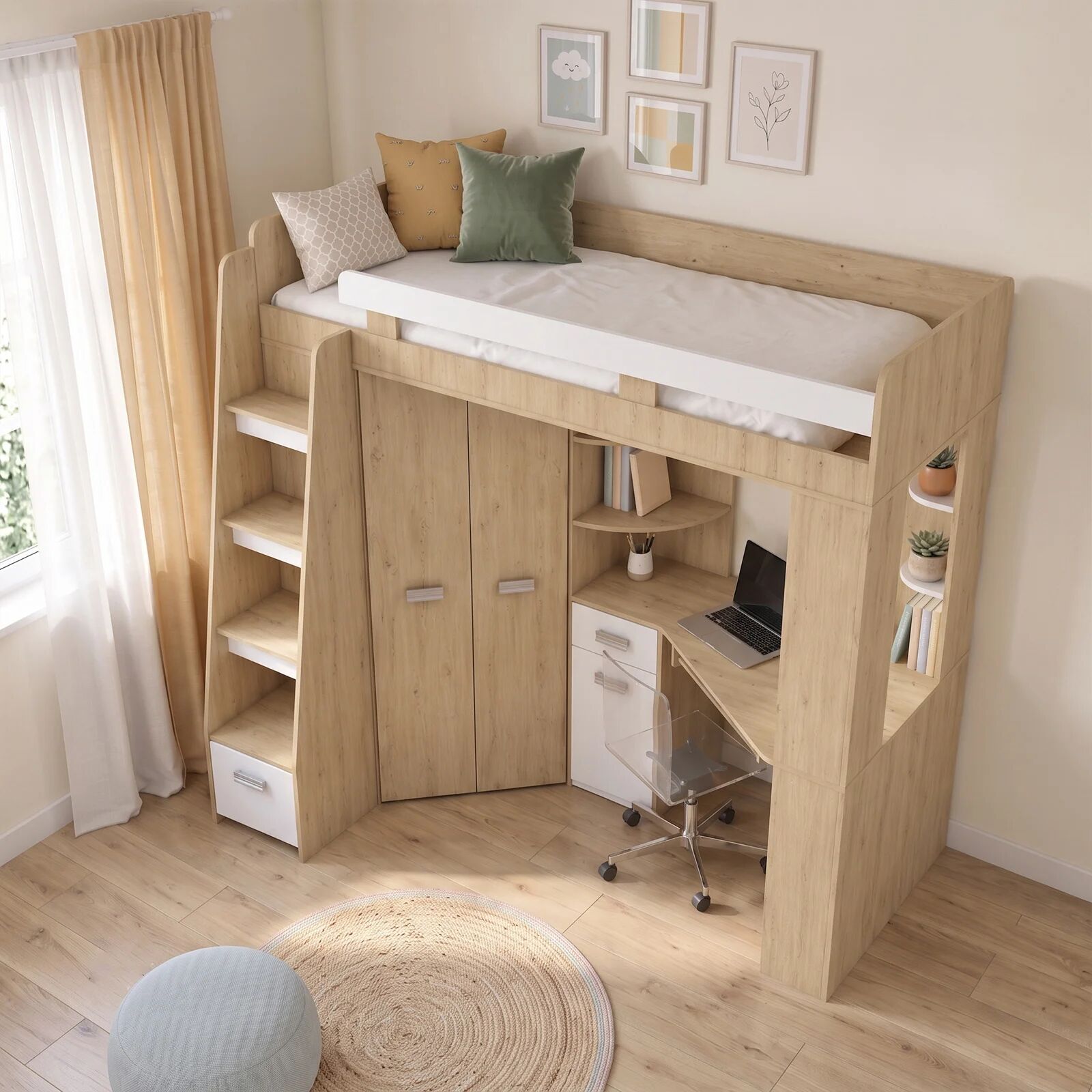 garneroarredamenti Letto a soppalco 204x120cm sinistra rovere bianco Dollie Gihome®