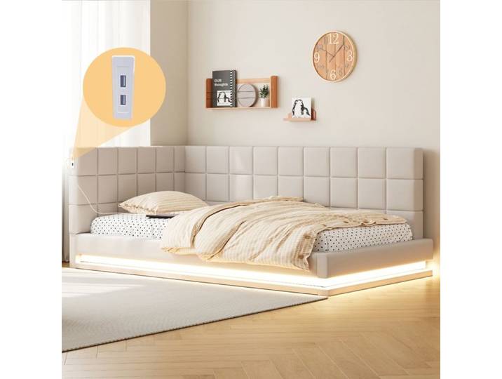 Lit de jour Lit plat Lit Banquette 90x200cm rembourré velours LED+USB lattes Beige