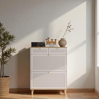 Fundinbaths "31.5"" Narrow Shoe Cabinet with 2 Flip Doors and 2 Drawers, Modern Freestanding Shoe Storage Organizer with Wood Legs"