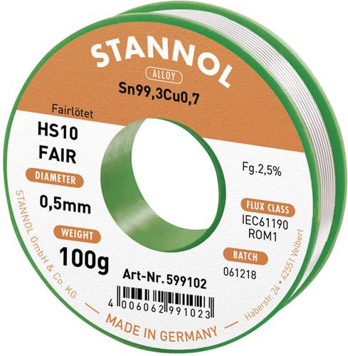Stannol HS10-Fair Lötzinn Spule Sn99,3Cu0,7 ROM1 100g 0.5mm