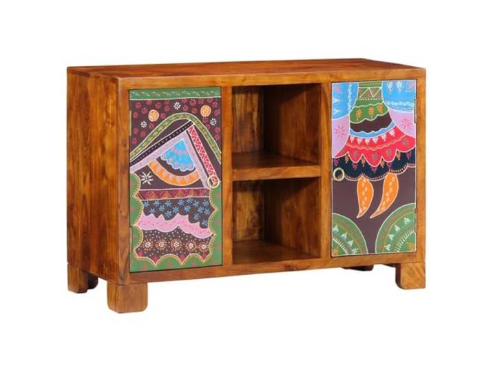 Makastle Sideboard Mehrfarbig 90x35x60 cm Massivholz Akazie mit Handbemalten Türen, 30,15 kg, Zusammenbau Erforderlich