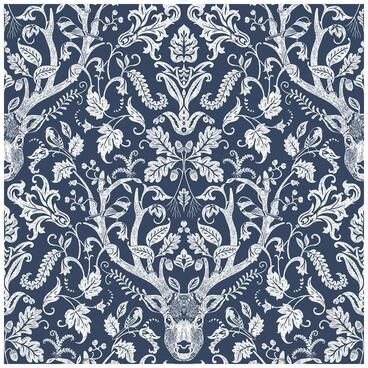 Chesapeake Kiwassa Navy Antler Damask Wallpaper - 20.5 x 396 x 0.025