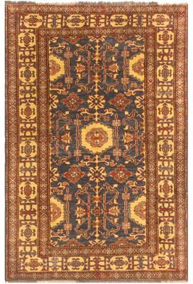 Treasured Knots Tribal Super Kazak Daxton Blue/Gold Hand Knotted Wool Rug - 3'11'' x 6'3''