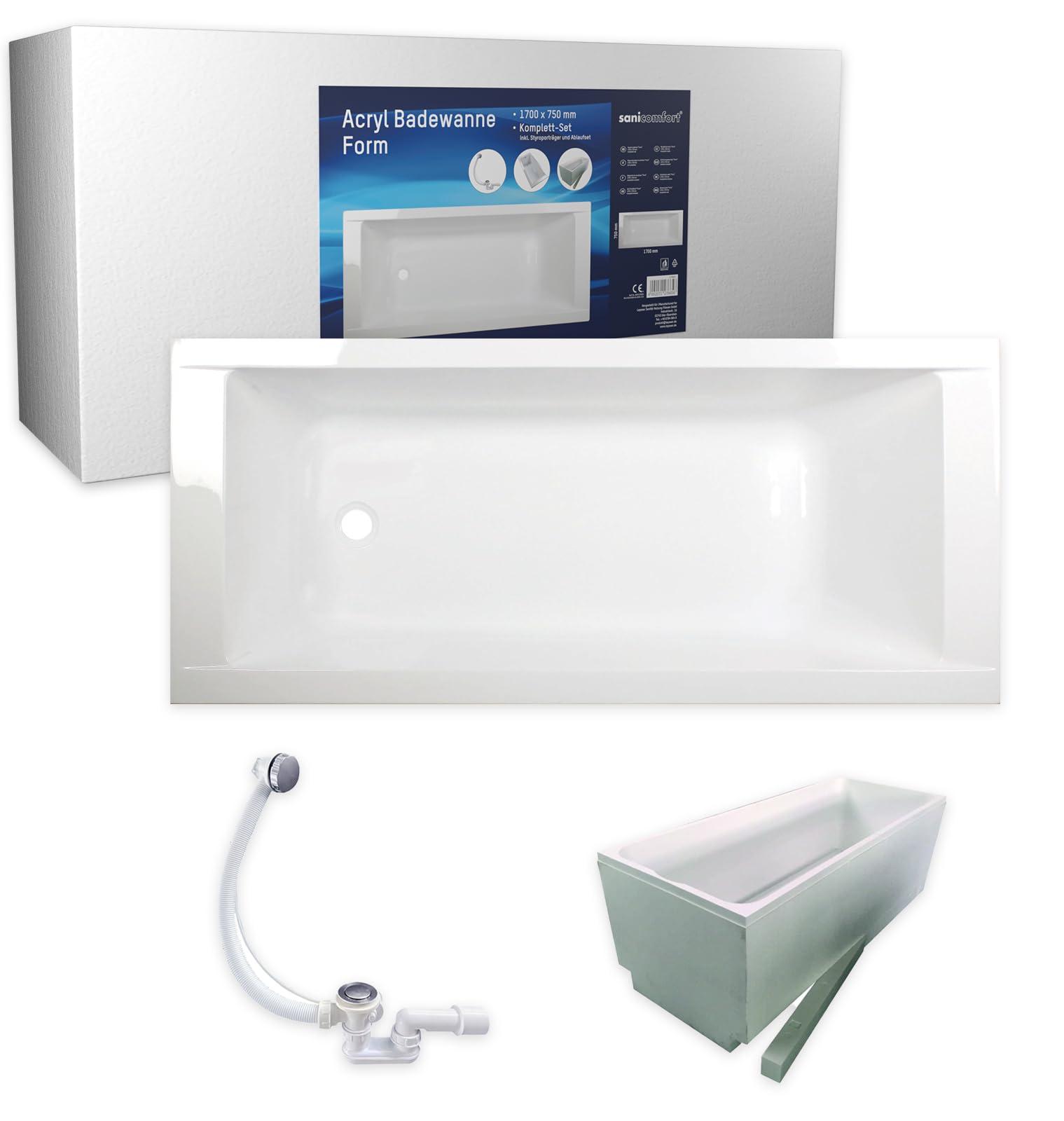 sanicomfort Badewanne Komplettset Form Rechteck 170x75 cm - Acryl-Badewanne weiß mit Wannenträger & Ablaufgarnitur, Wärmedämmung & Schalldämmung, pflegeleicht & robust