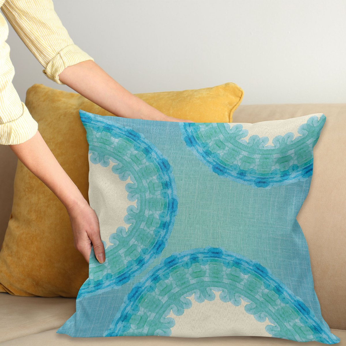 ABAKUHAUS Aqua Sierkussenhoes met Tie Dye Mandala Ombre Design, Blauw Marineblauw, 50 x 50 cm