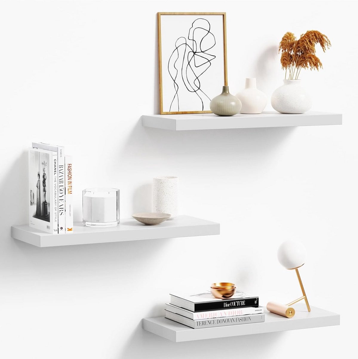 Set van 3 Witte Zwevende Wandplanken voor Keuken, Woonkamer, Slaapkamer en Badkamer