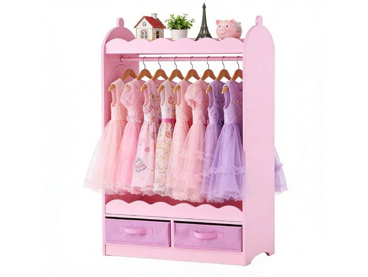 VEVOR Kinderkledingkast 604x339x1080mm\, Kinderkledingkast met Spiegel\, Kledingstang en Planken\, Kleedkamerkast van MDF met Stoffen Lades voor Meisjes\, Kinderkledingkast voor Verkleedpartijen\, Slaapkamer\, Roze