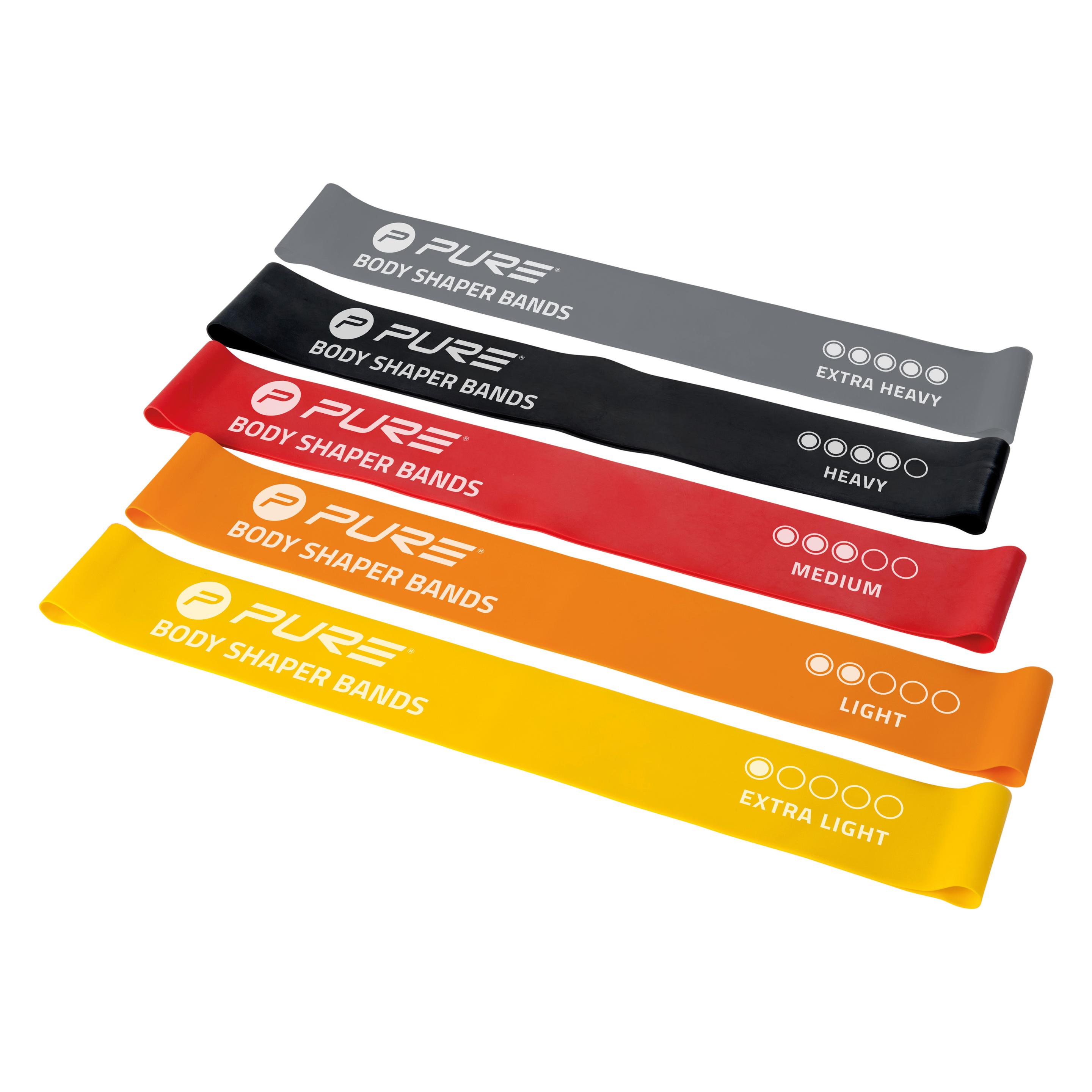 Pure Widerstandsbänder 5er Set Schwarz, Grau, Orange, Rot, Gelb, Schaumstoff, Gummi (0.30 m, Extra Leicht, Extra Stark, Leicht, Mittel, Stark) (P2I800120)