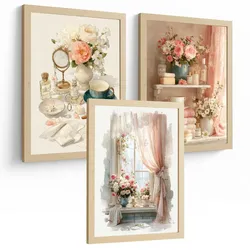 POSTER 3er-Set dekorative Badezimmerdrucke, romantischer Stil, Bilder mit Rosen, Parfums und Fenster, elegante, Wohndekoration Leichter Holzrahmen A3