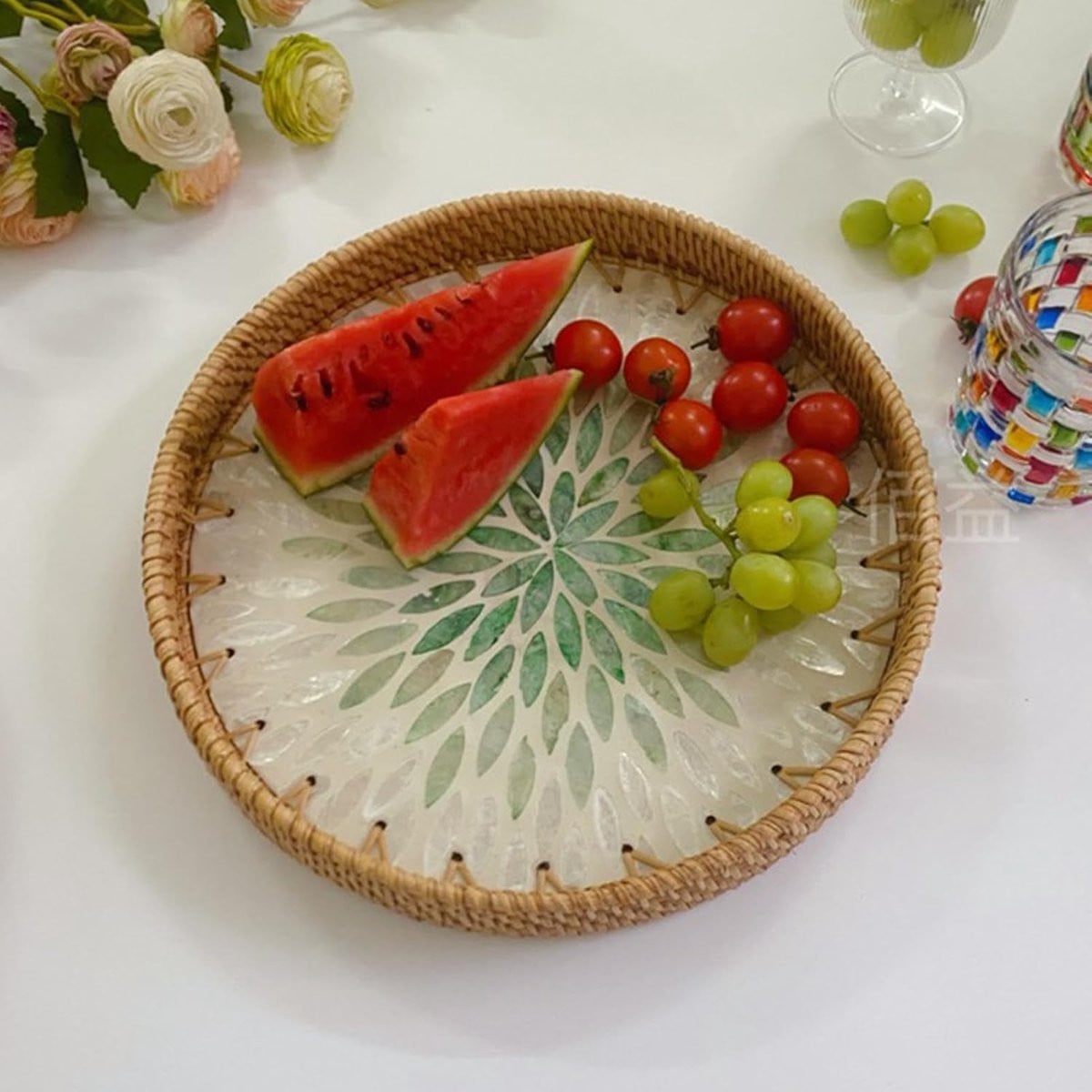 Handgemaakt Gevlochten Dienblad - Ronde Rotan Serveerschaal - Natuurlijk - Diameter: 30 cm