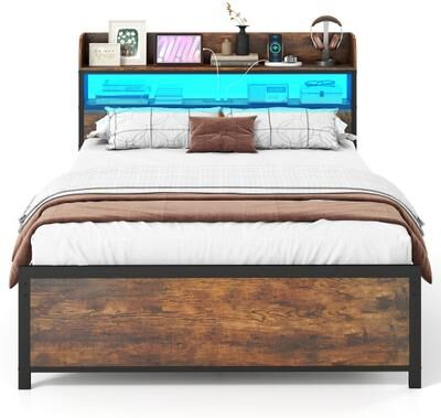 Costway LED Bed Frame with Power Outlets and Storage Headboard-Full Size