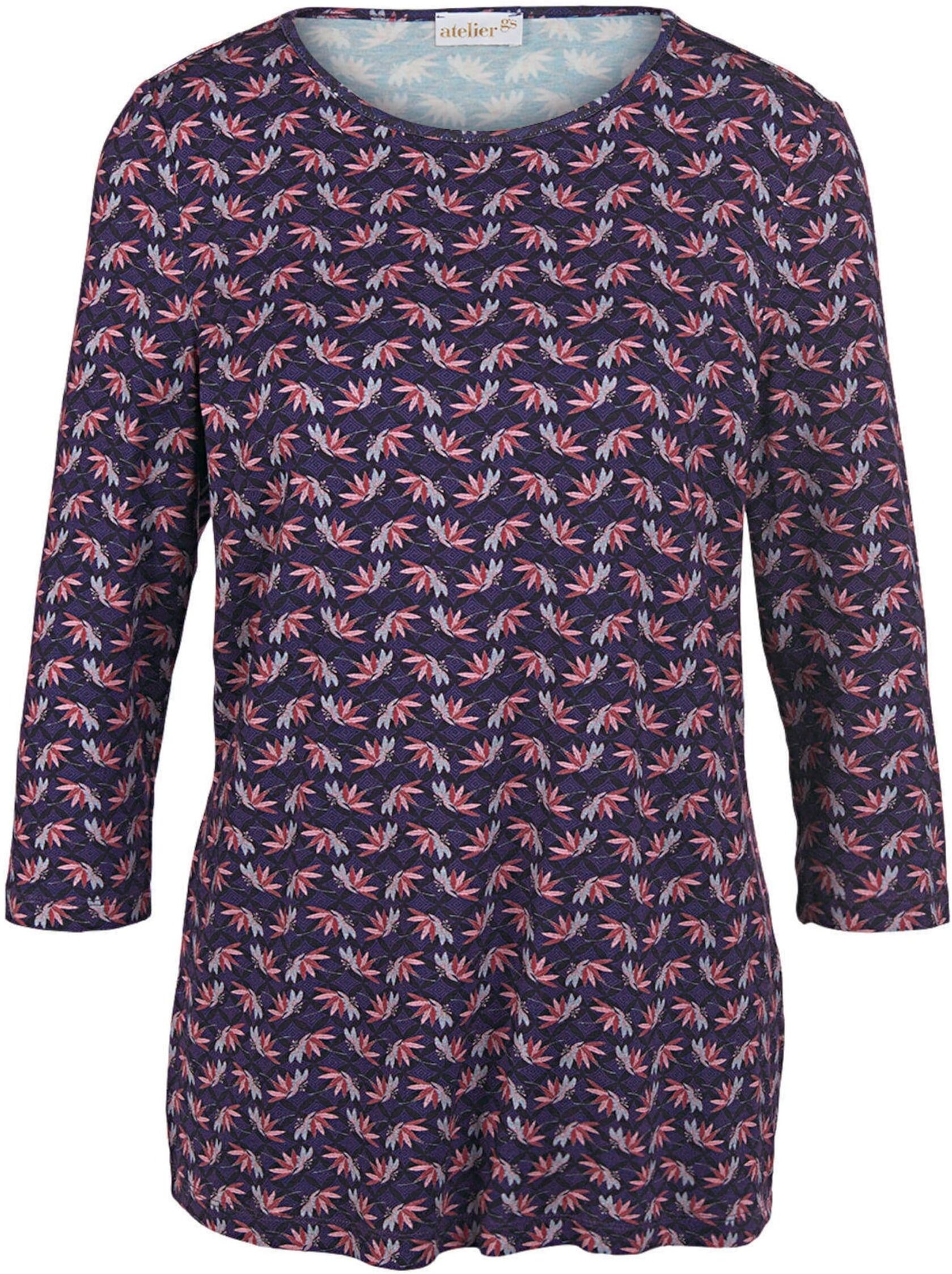 Print-Shirt GOLDNER "Kombinierfreundlich gemustertes Shirt", Damen, Gr. 44, blau (marine, geblümt), Obermaterial: 95% Viskose CV. 5% Elasthan EL., Tubular, Shirts Print-Shirt, Effektvoller Multicolordruck