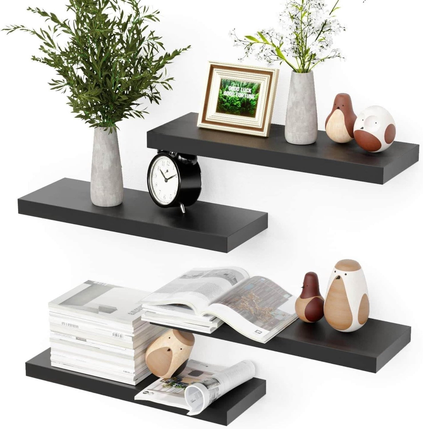 Set van 4 zwarte zwevende wandplanken van 40 cm voor badkamer, keuken en woonkamer