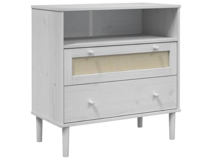 HGFDVCMR Sideboard SENJA Rattan-Optik Weiß 80x40x80 cm Kiefernholz Eleganter Beistellschrank für Wohnzimmer & Schlafzimmer mit 2 Schubladen, Fach, UV-Lackierung und Poly-Rattan-Front.