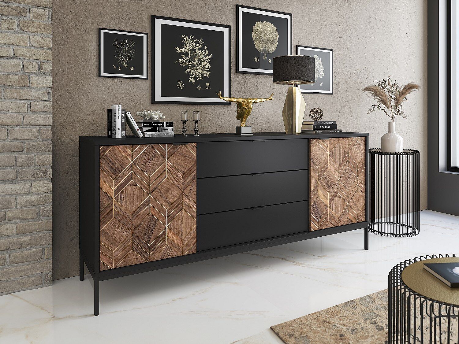 Unique Aparador con 2 puertas y 3 cajones - Negro y Natural oscuro - MIALINE